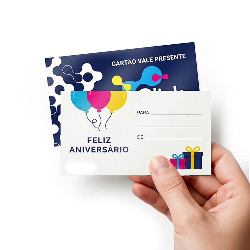 Cartão vale presente 10x5cm, impressão frente e verso, corte reto